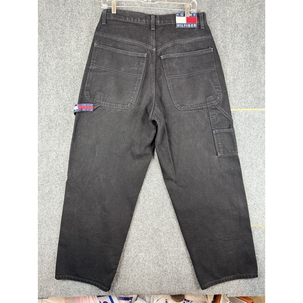 Vintage Tommy Hilfiger Jeans Mens 31x30 Black Carpenter Relaxed Denim Flag Patch